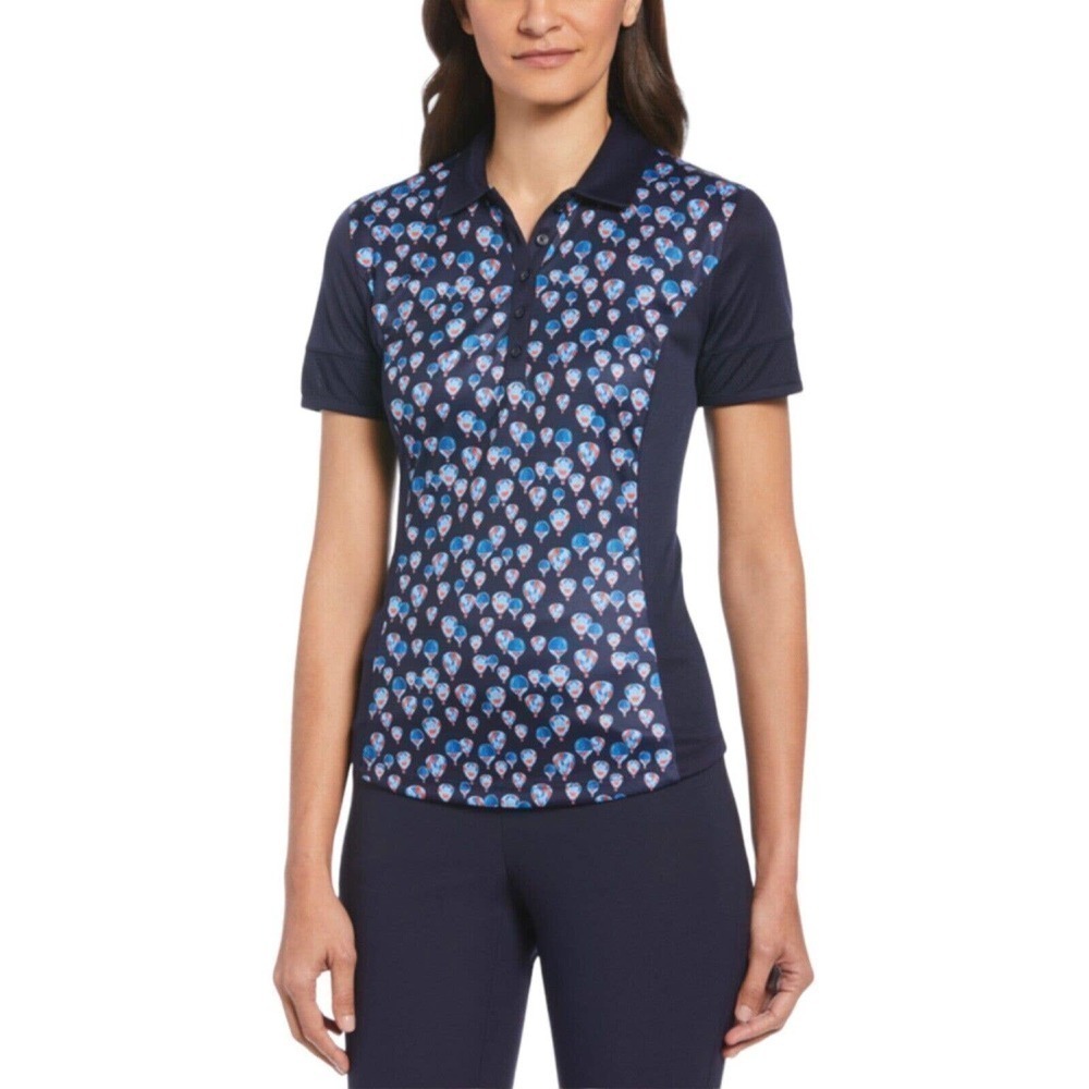 PGA Tour Womens Size XS Navy Blue Balloon Print Moisture Wicking Polo Shirt NWTs